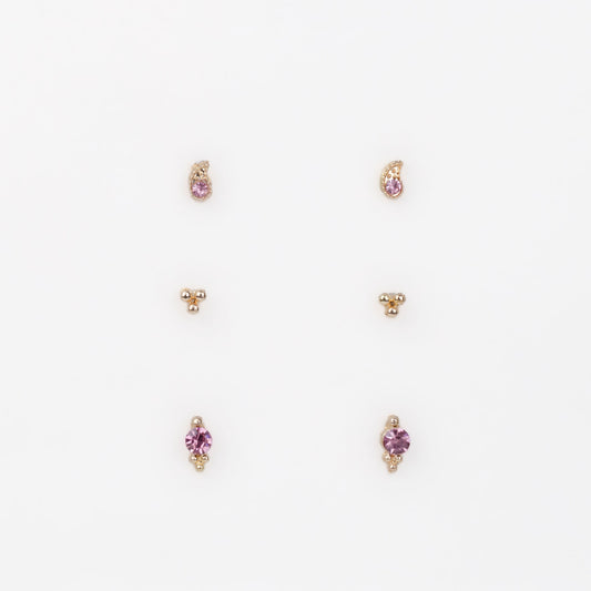 Cercei mici aurii discreți cu formă de lacrimă, amuletă și pietre, set 3 perechi - Roz