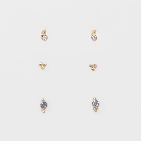 Cercei mici aurii discreți cu formă de lacrimă, amuletă și pietre, set 3 perechi