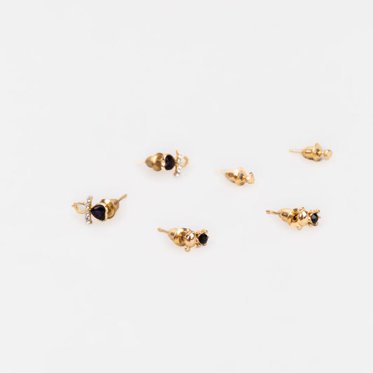 Cercei mici aurii discreți cu inimă delicată, ursuleț și pietre, set 3 perechi - Negru