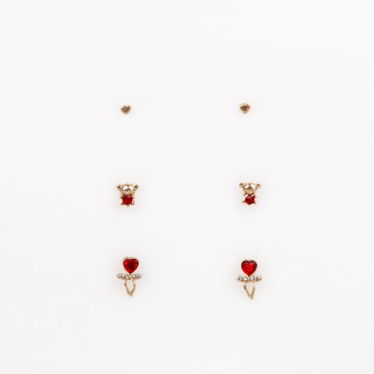 Cercei mici aurii discreți cu inimă delicată, ursuleț și pietre, set 3 perechi - Roșu