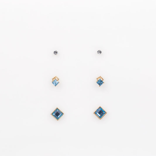 Cercei mici aurii în formă de romb cu pietre, set 3 perechi - Albastru