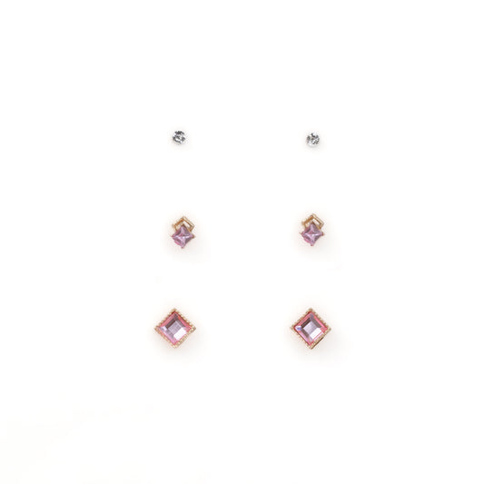 Cercei mici aurii în formă de romb cu pietre, set 3 perechi - Roz