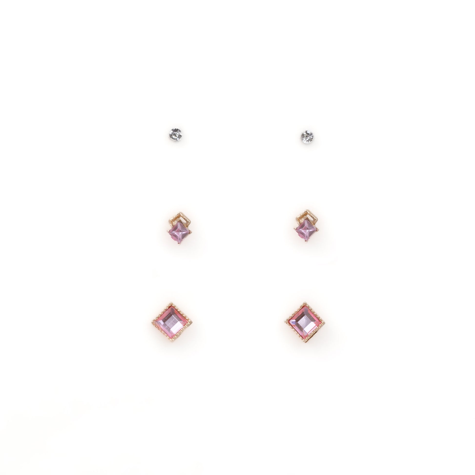 Cercei mici aurii în formă de romb cu pietre, set 3 perechi - Roz