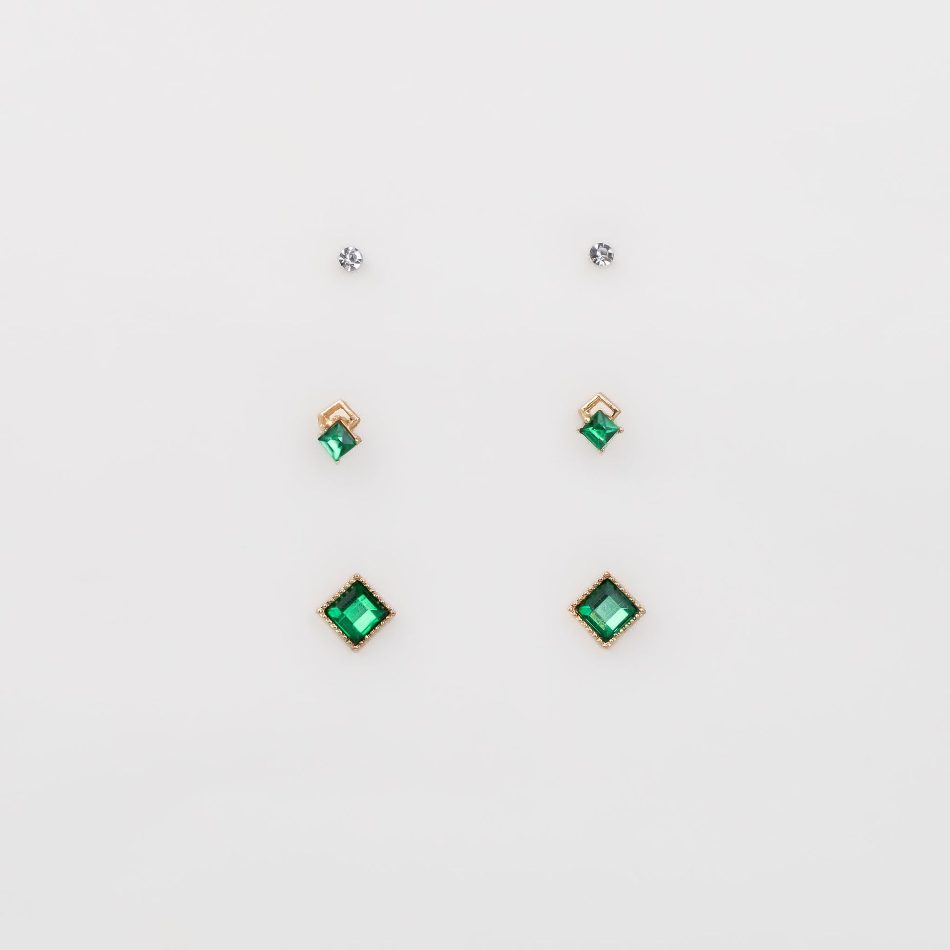 Cercei mici aurii în formă de romb cu pietre, set 3 perechi - Verde