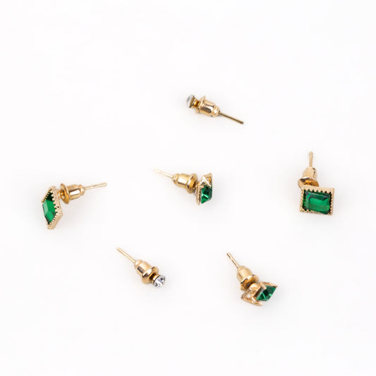 Cercei mici aurii în formă de romb cu pietre, set 3 perechi - Verde