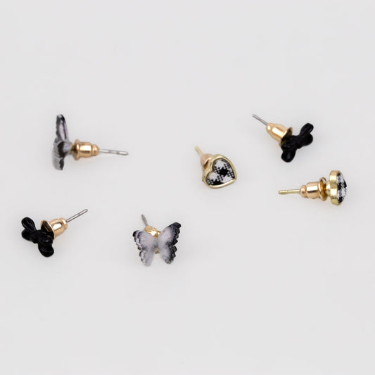 Cercei mici cu fluture, inimă și fundiță, set 3 perechi - Negru, Alb