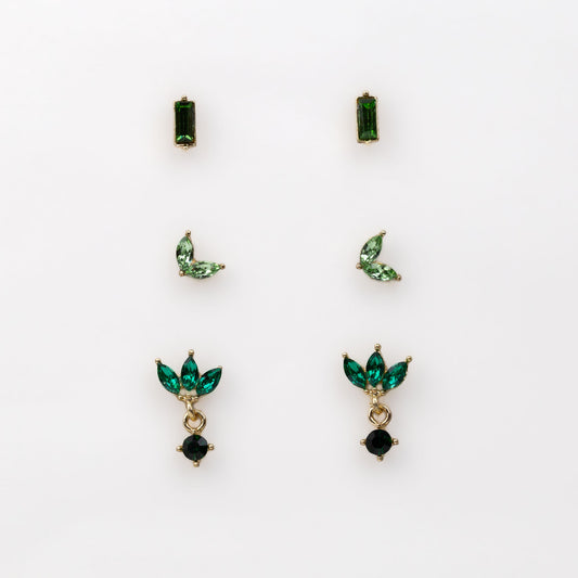 Cercei mici cu formă de amuletă și pietre delicate, set 3 perechi - Verde, Auriu
