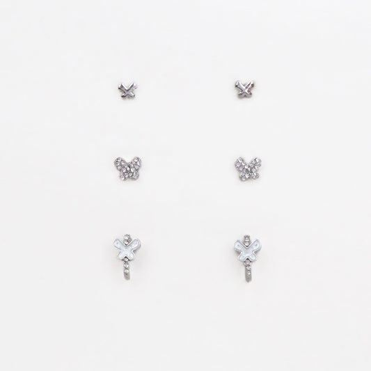 Cercei mici cu forme de fluturi și ștrasuri, set 3 perechi - Argintiu