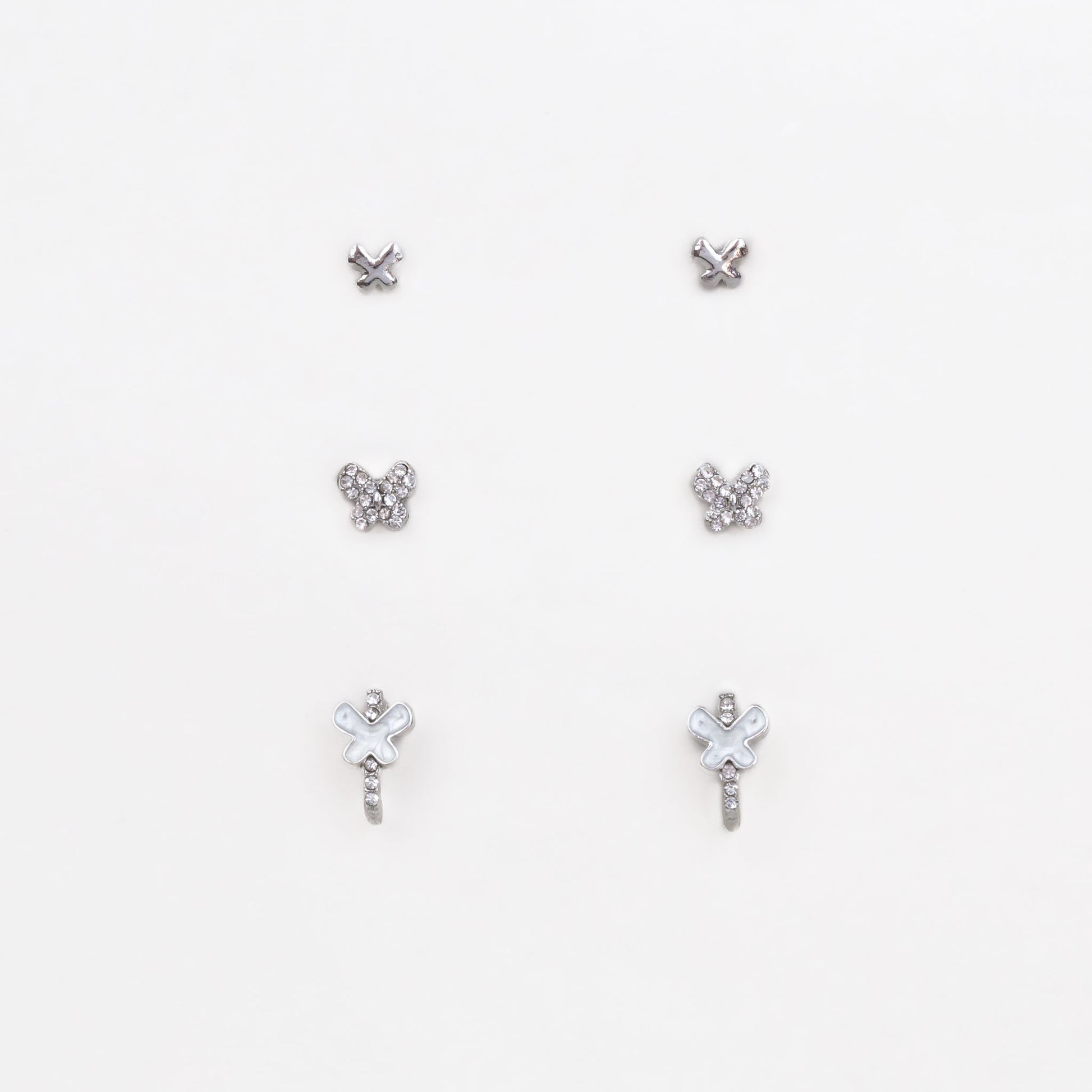 Cercei mici cu forme de fluturi și ștrasuri, set 3 perechi - Argintiu