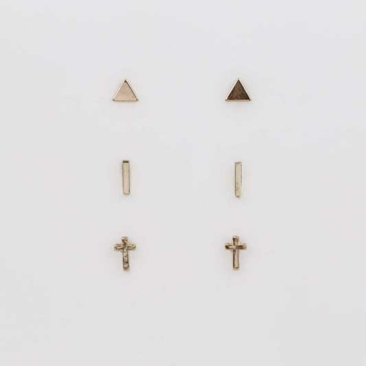 Cercei mici cu forme geometrice și cruce, set 3 perechi - Auriu