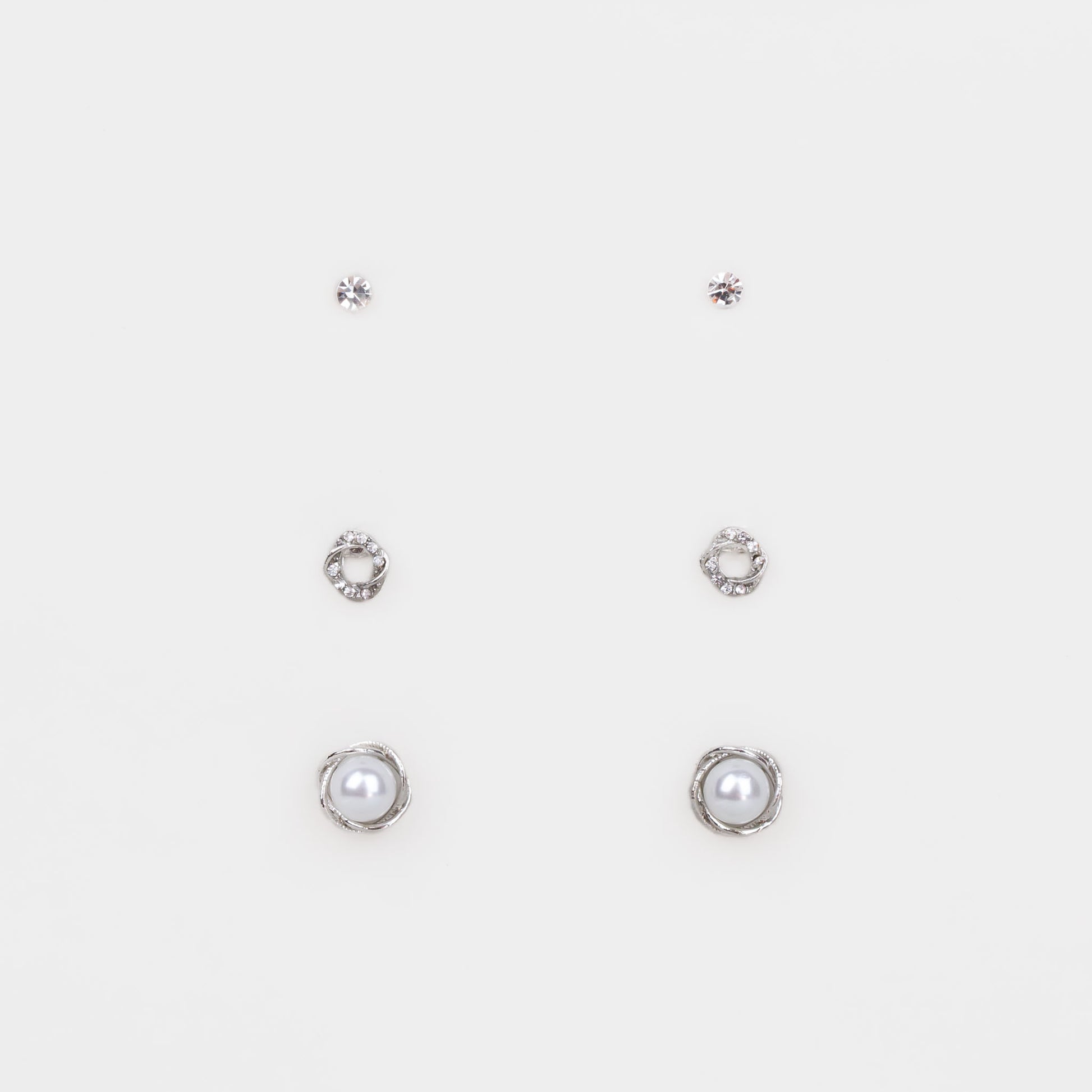 Cercei mici cu forme împletite, perlă și ștrasuri, set 3 perechi - Argintiu