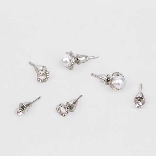 Cercei mici cu forme împletite, perlă și ștrasuri, set 3 perechi - Argintiu