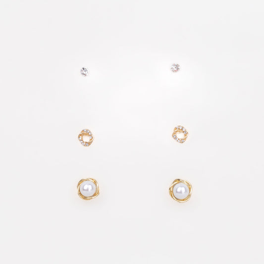 Cercei mici cu forme împletite, perlă și ștrasuri, set 3 perechi - Auriu