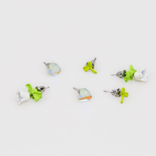 Cercei mici cu fundiță siliconată și inimă sidefată, set 3 perechi - Verde