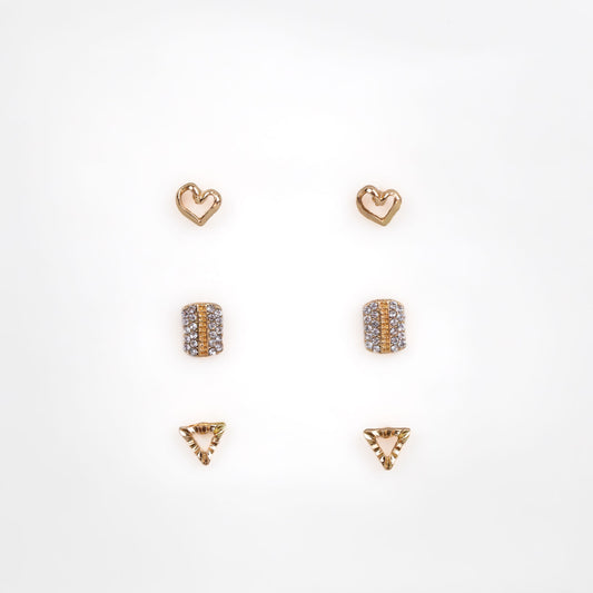 Cercei mici cu inimă, forme geometrice și ștrasuri, set 3 perechi - Auriu