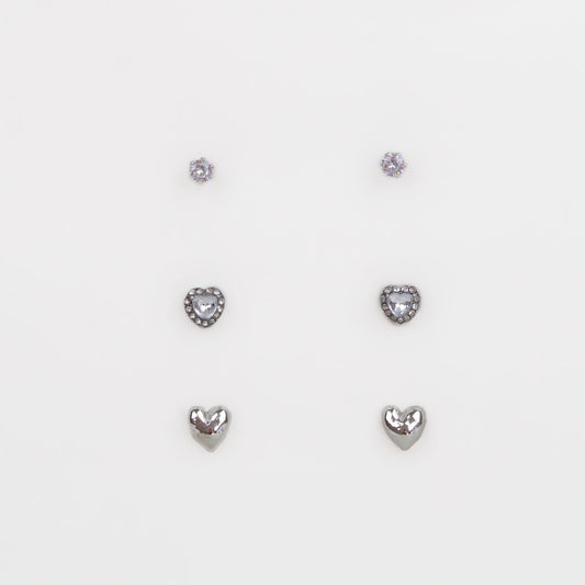 Cercei mici cu inimă și ștrasuri, set 3 perechi - Argintiu