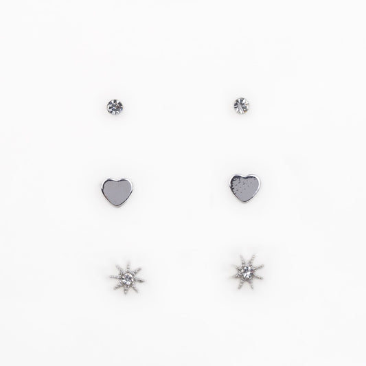 Cercei mici cu inimă, stea și pietre, set 3 perechi - Argintiu