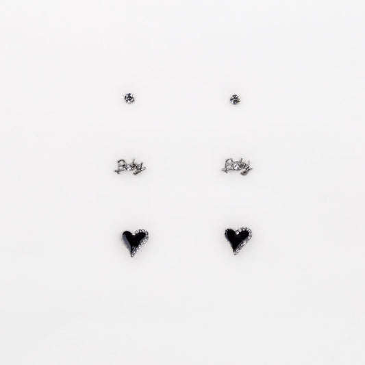 Cercei mici cu inimă, ștrasuri și text baby, set 3 perechi - Argintiu, Negru