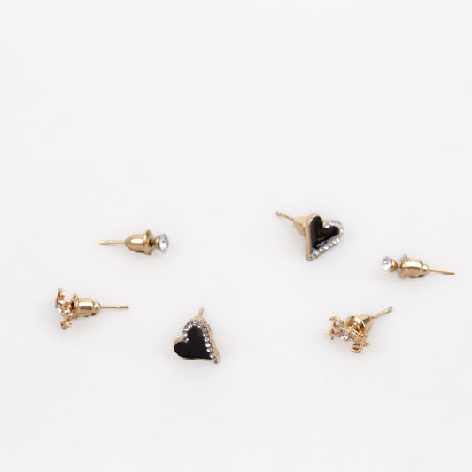 Cercei mici cu inimă, ștrasuri și text baby, set 3 perechi - Auriu, Negru