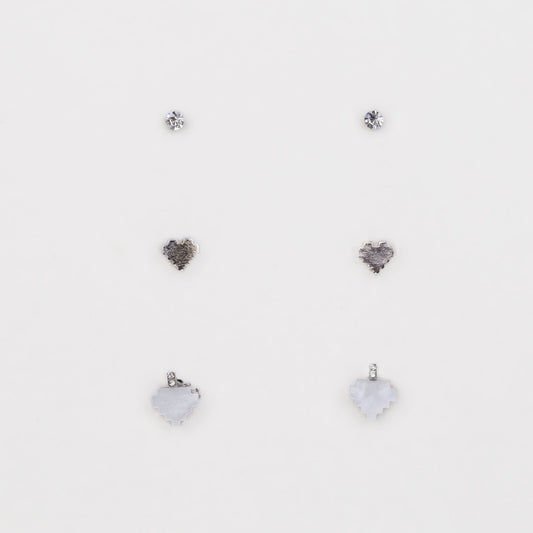 Cercei mici cu inimi pixelate și piatră, set 3 perechi - Argintiu