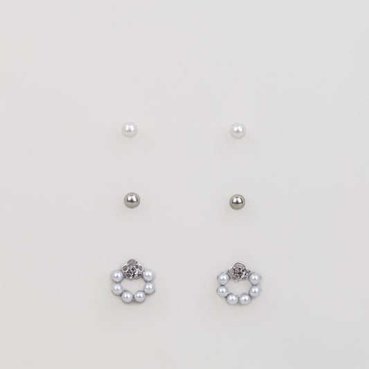 Cercei mici cu perle discrete și biluțe, set 3 perechi - Argintiu