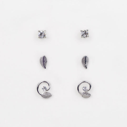 Cercei mici cu spirală, frunze și pietre, set 3 perechi - Argintiu