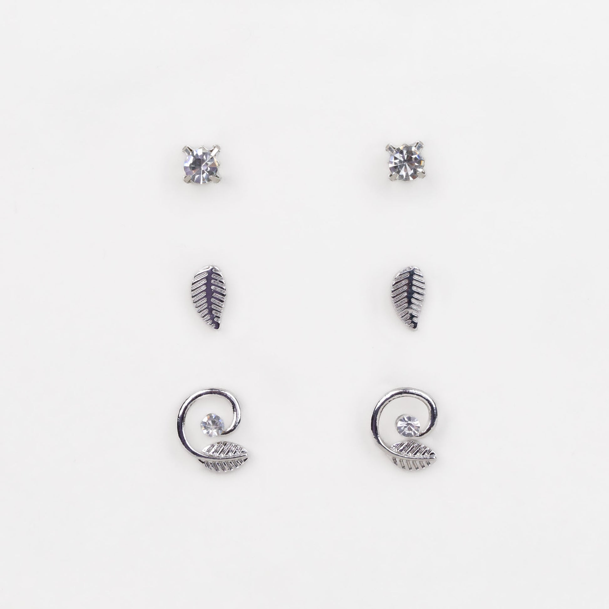 Cercei mici cu spirală, frunze și pietre, set 3 perechi - Argintiu