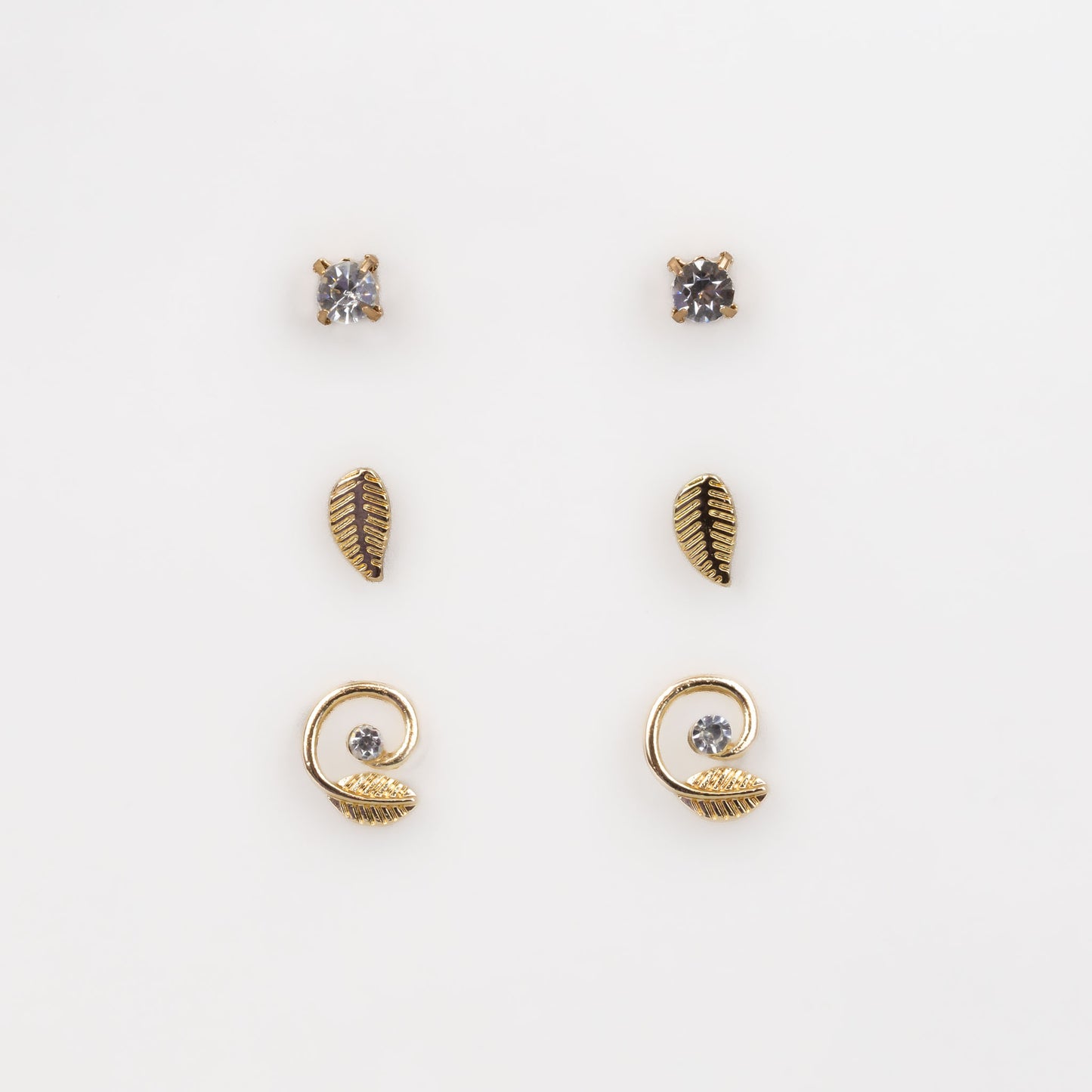 Cercei mici cu spirală, frunze și pietre, set 3 perechi - Auriu