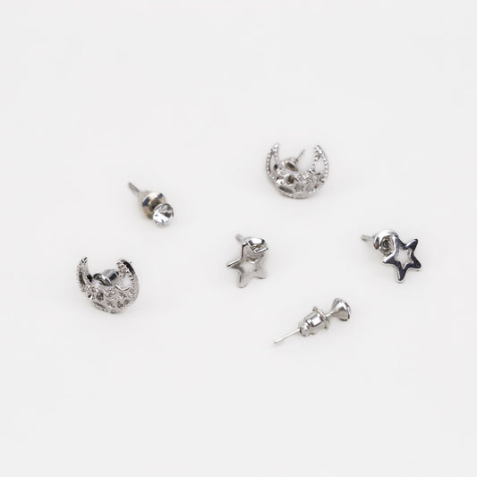 Cercei mici cu stea, semilună și piatră, set 3 perechi - Argintiu