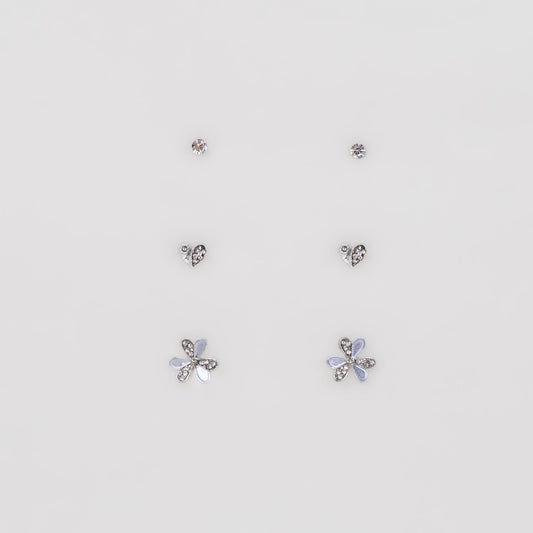 Cercei mici discreți cu floare, inimă și ștrasuri, set 3 perechi - Argintiu