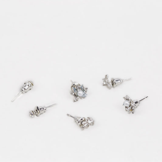 Cercei mici discreți cu floare și ștrasuri, set 3 perechi - Argintiu