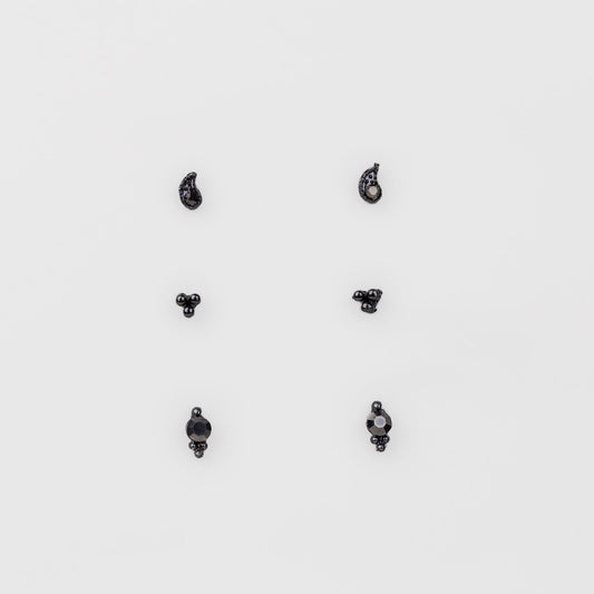Cercei mici discreți cu formă de lacrimă, amuletă și pietre, set 3 perechi - Negru