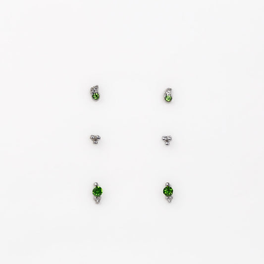 Cercei mici discreți cu formă de lacrimă, amuletă și pietre, set 3 perechi - Verde Deschis