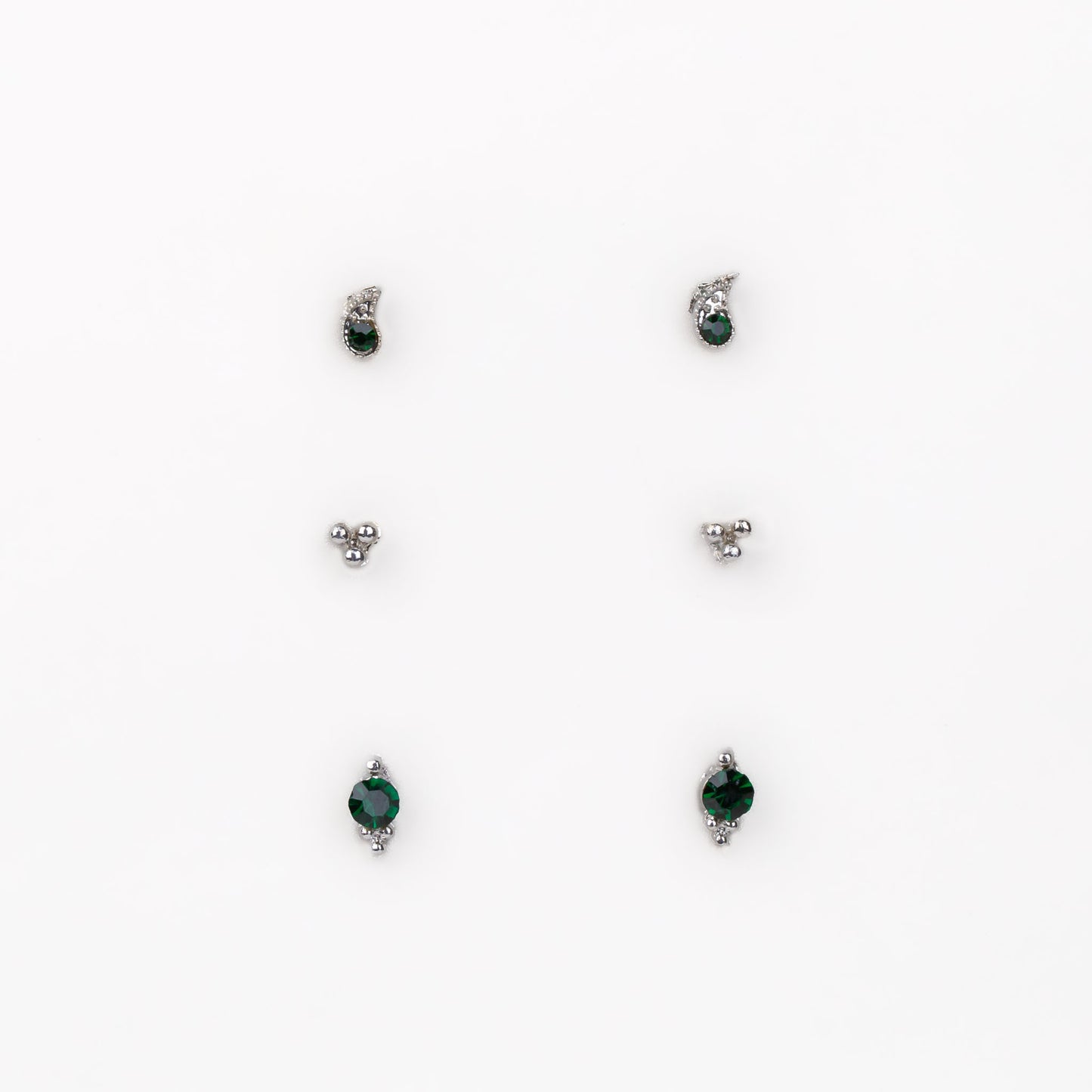Cercei mici discreți cu formă de lacrimă, amuletă și pietre, set 3 perechi - Verde Închis