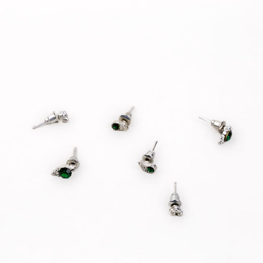 Cercei mici discreți cu formă de lacrimă, amuletă și pietre, set 3 perechi - Verde Închis