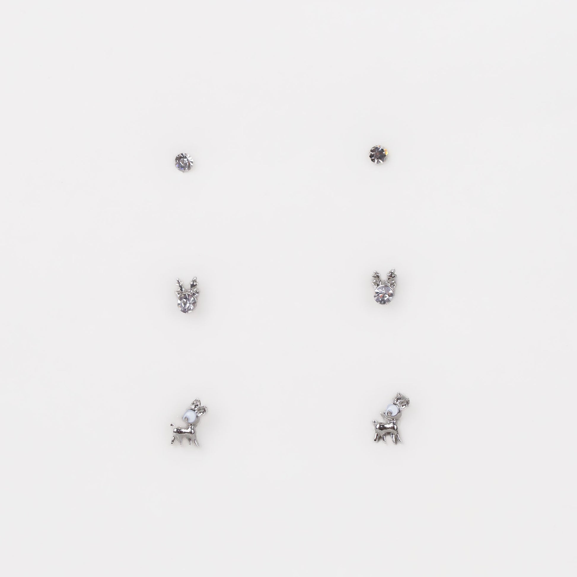 Cercei mici discreți cu reni și ștrasuri, set 3 perechi - Argintiu