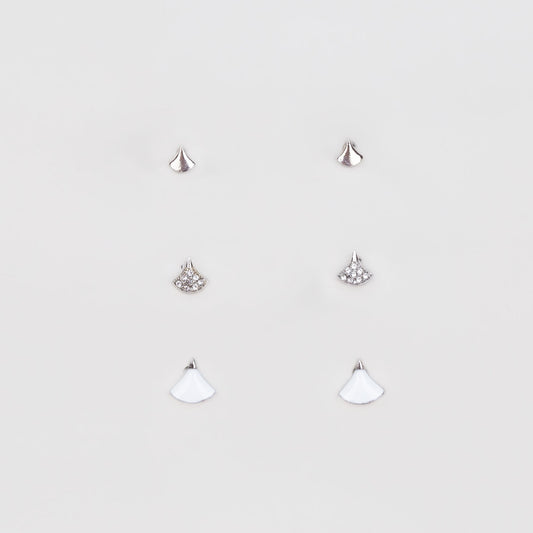 Cercei mici discreți în formă de evantai cu ștrasuri, set 3 perechi - Argintiu, Alb