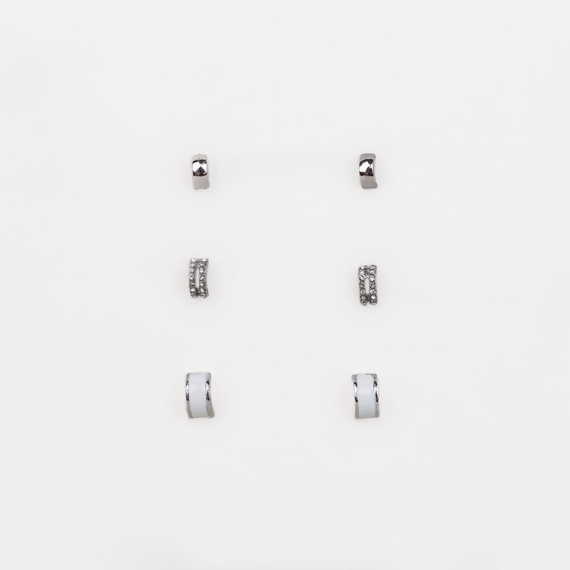 Cercei mici discreți semirotunzi cu ștrasuri, set 3 perechi - Argintiu, Alb