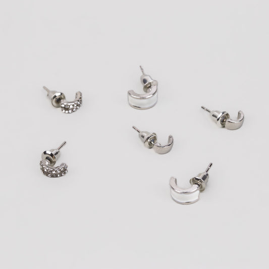 Cercei mici discreți semirotunzi cu ștrasuri, set 3 perechi - Argintiu, Alb