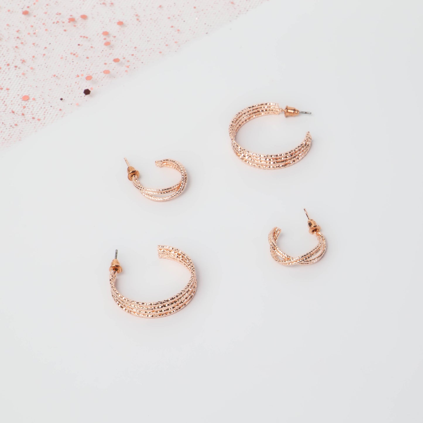 Cercei rotunzi texturați chic, set 2 - Rose Gold