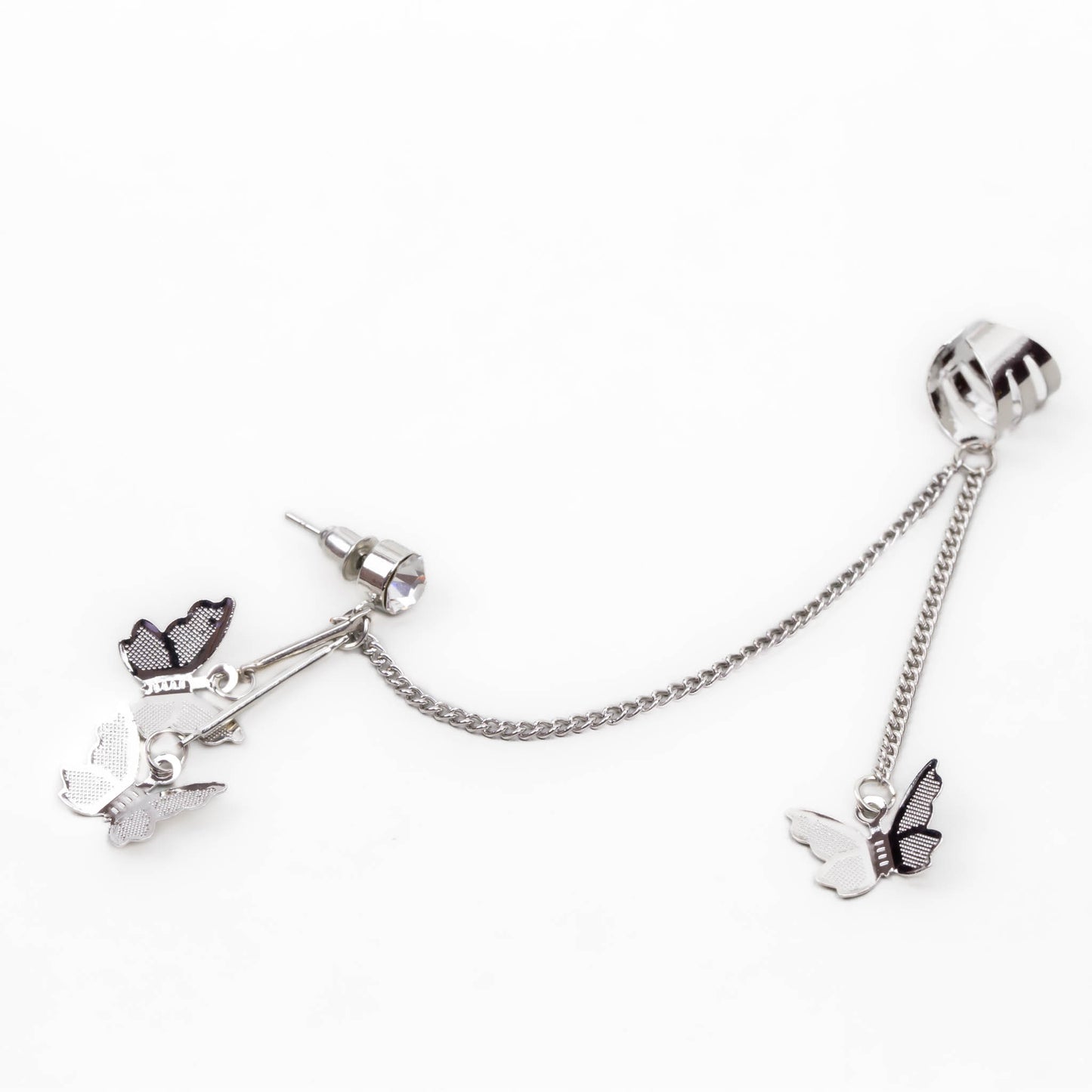 Cercel ear cuff cu lănțișor, pandantive cu fluturi și piatră strălucitoare - Argintiu