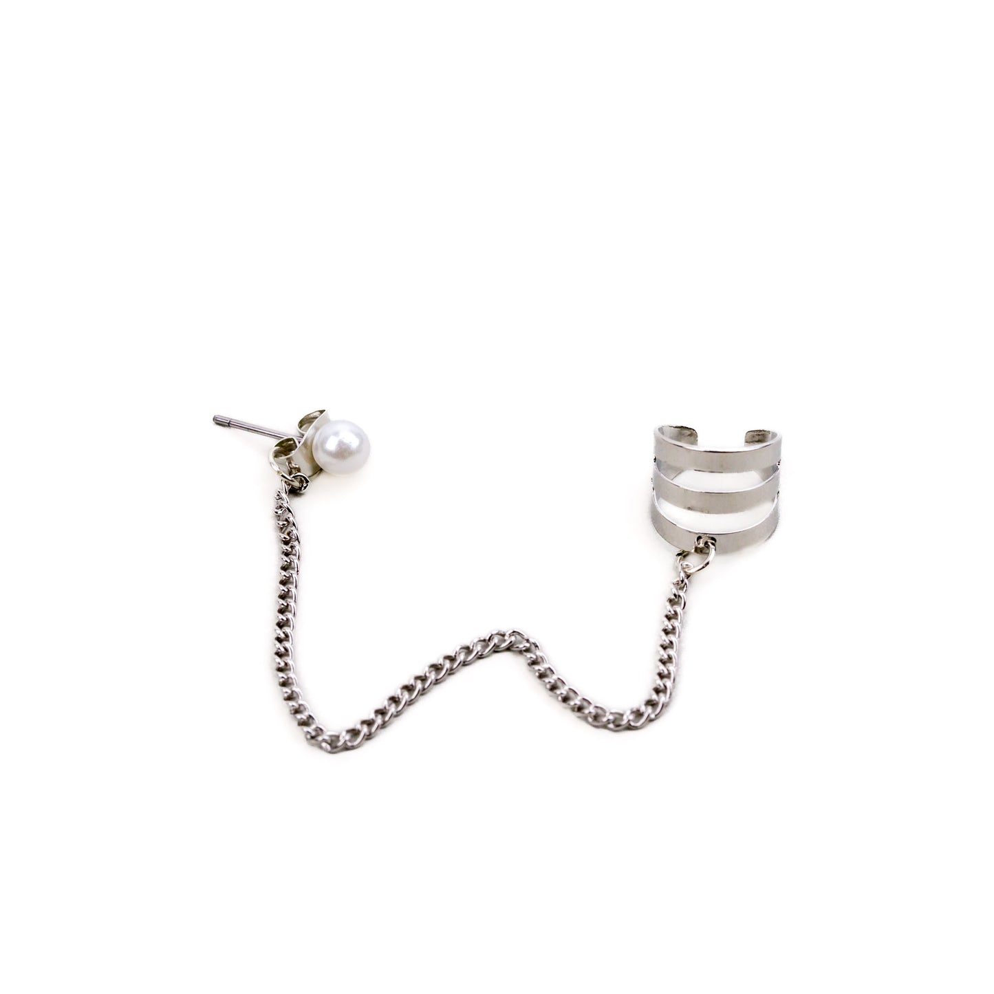 Cercel ear cuff cu lănțișor și cercel cu perlă mică - Argintiu