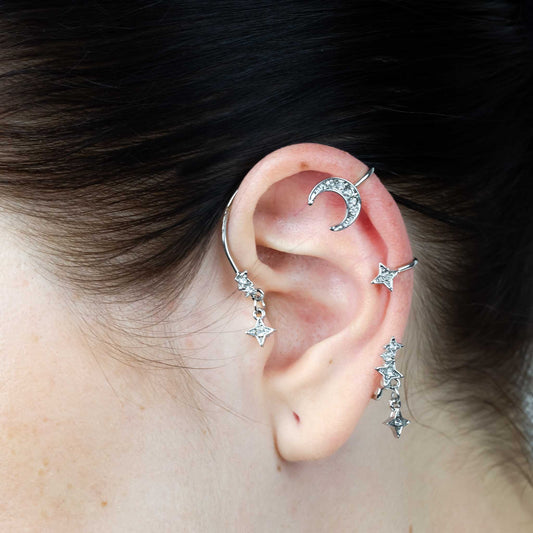 Cercel ear cuff cu ornamente stea și lună - Argintiu stelar