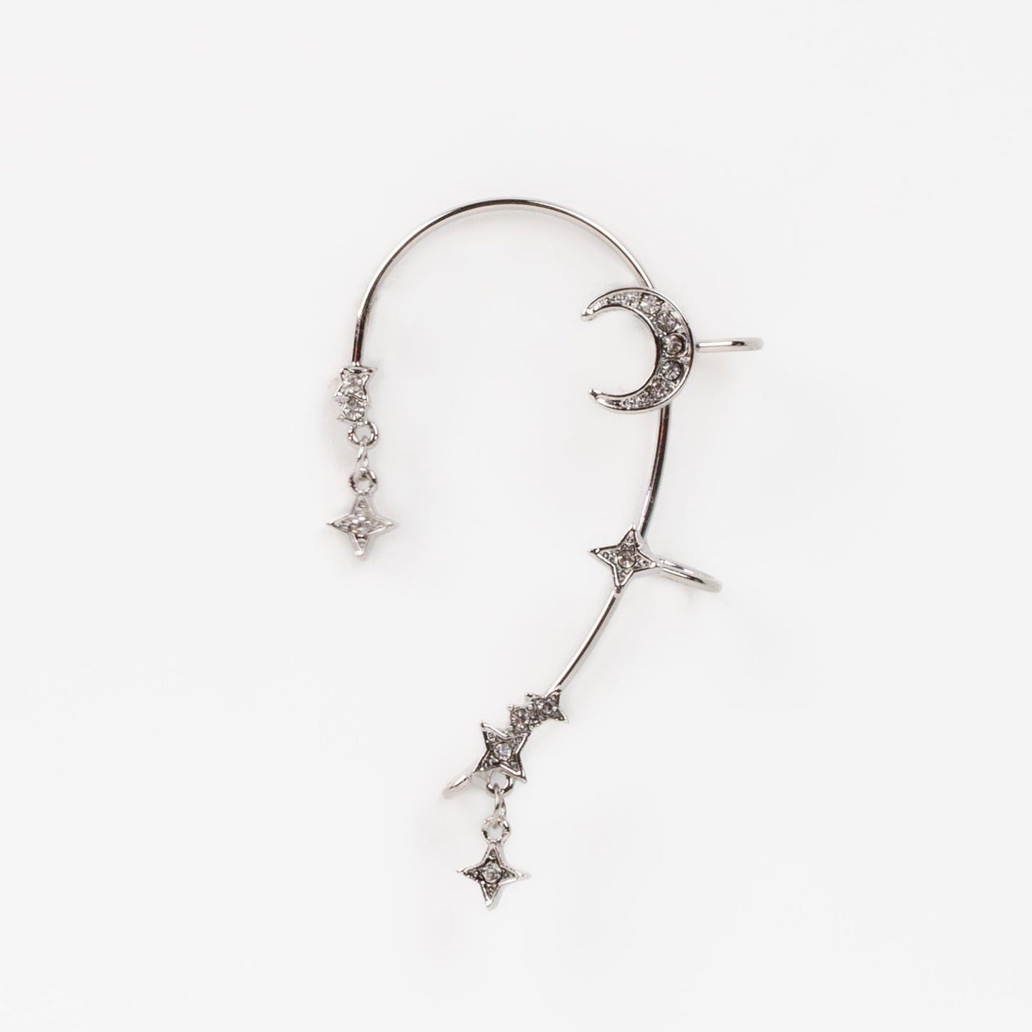 Cercel ear cuff cu ornamente stea și lună - Argintiu stelar