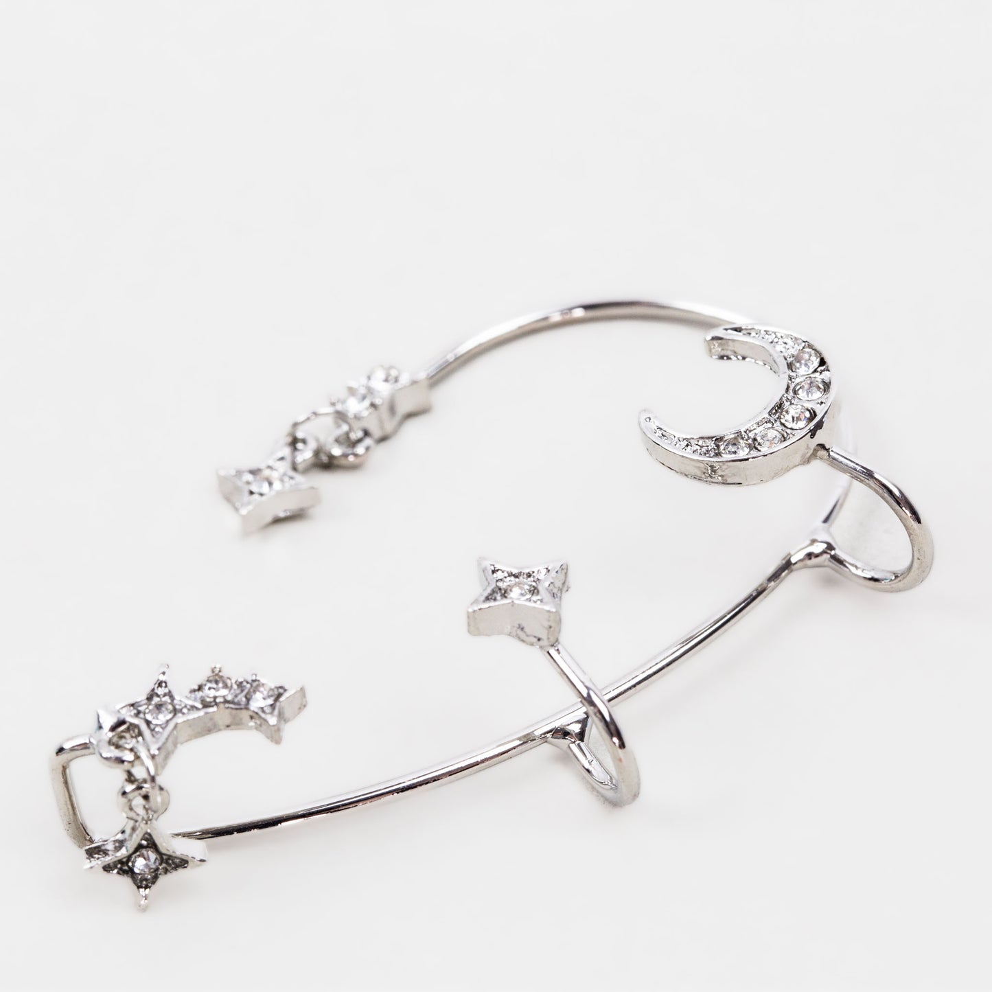 Cercel ear cuff cu ornamente stea și lună - Argintiu stelar