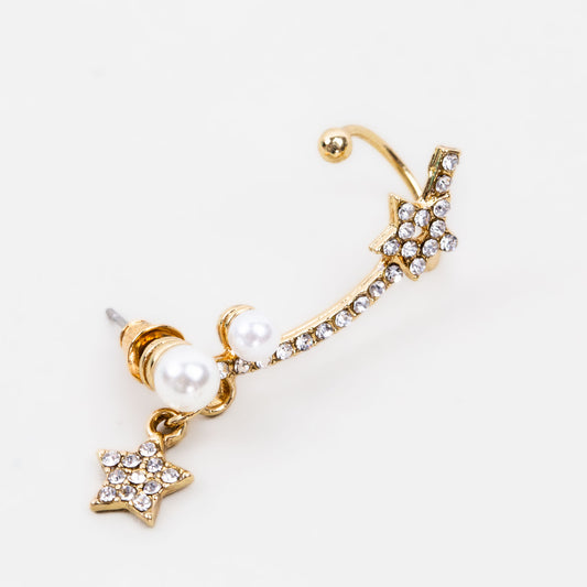Cercel ear cuff cu ștrasuri și perle delicate, set 2 buc - Auriu stelar