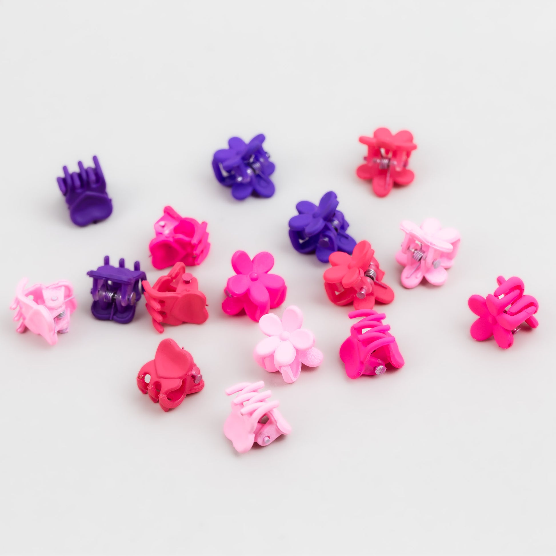 Clame de păr copii, extra mici, forme de inimă și floare, textură de silicon, set 16 buc - Roz, Roșu, Mov