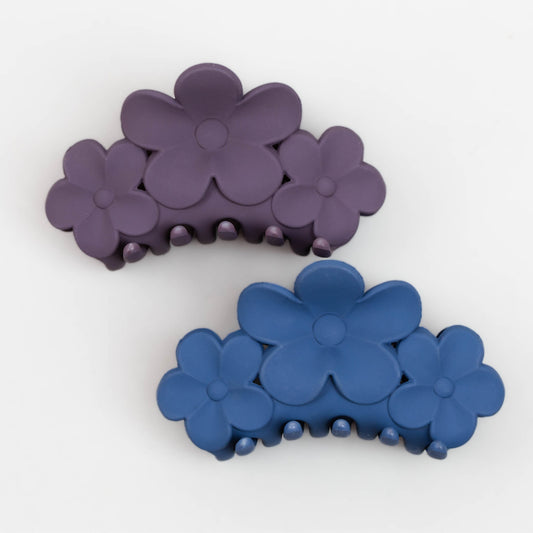 Clame de păr mari cu forme de flori și textură mată, set 2 buc - Mov, Albastru