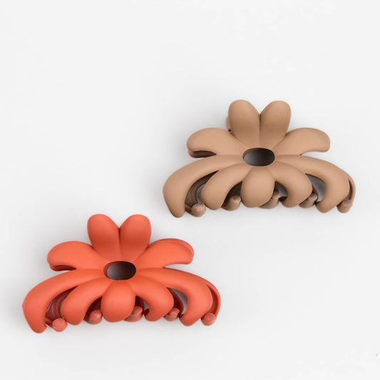 Clame de păr medii cu formă de floare și dinți mari, textură de silicon, set 2 buc - Maro, Portocaliu