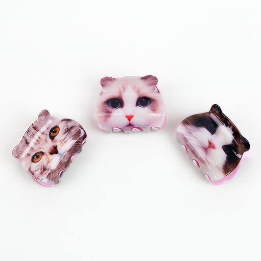 Clame de păr medii cu formă de pisică și textură lucioasă, set 3 buc - Motan Mix